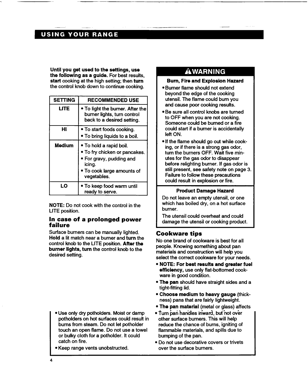 Whirlpool TGR51WO manual Case of a prolonged power failure, Cookware tips 