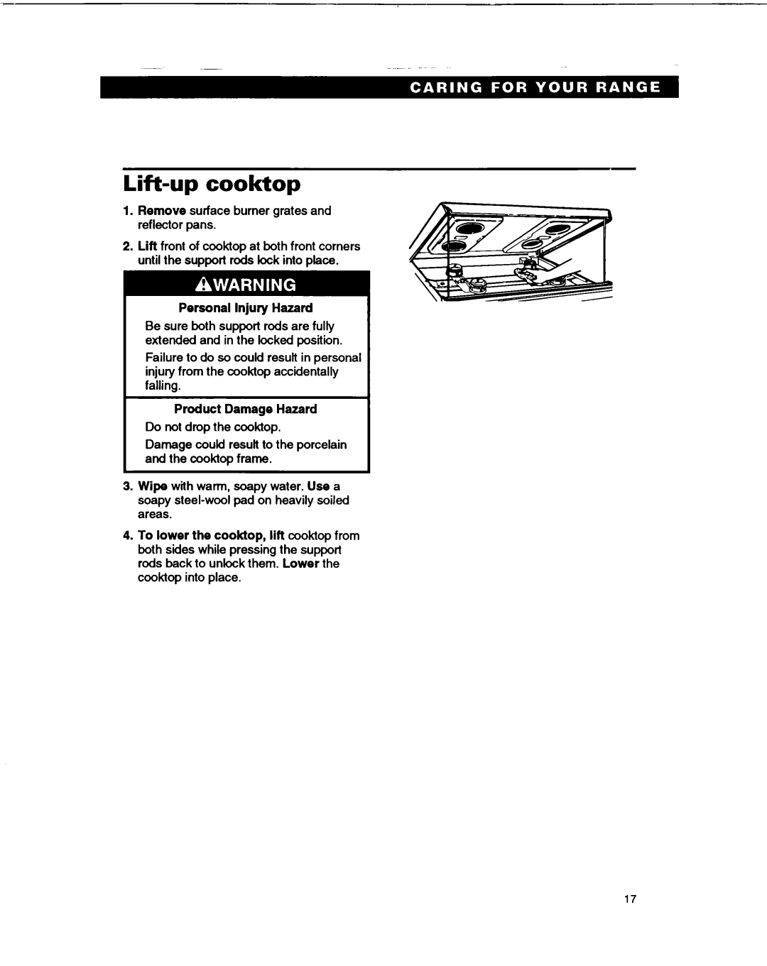 Whirlpool TGR51WO manual Lift-upcooktop, Personal Injury Hazard, Product Damage Hazard 
