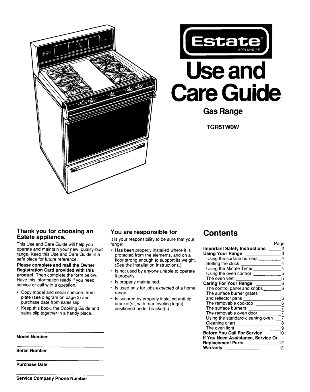 Whirlpool TGR51WOW installation instructions Gas Range, Contents 