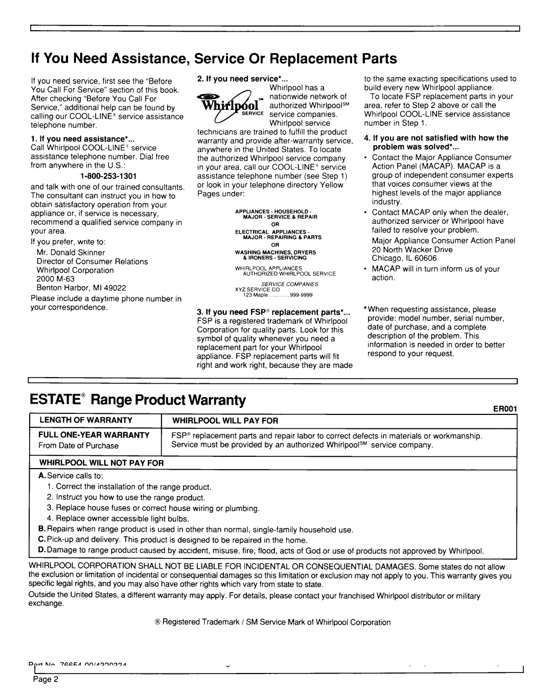 Whirlpool TGR51WOW If You Need Assistance, Service Or Replacement, Parts, Estate Range Product Warranty 