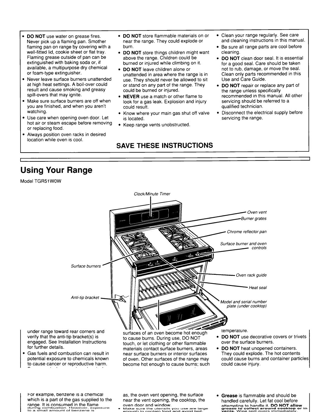 Whirlpool TGR51WOW Using Your Range, Be sure all range parts are cool before cleaning, Model TGR51 WOW ClocWMinute Timer 