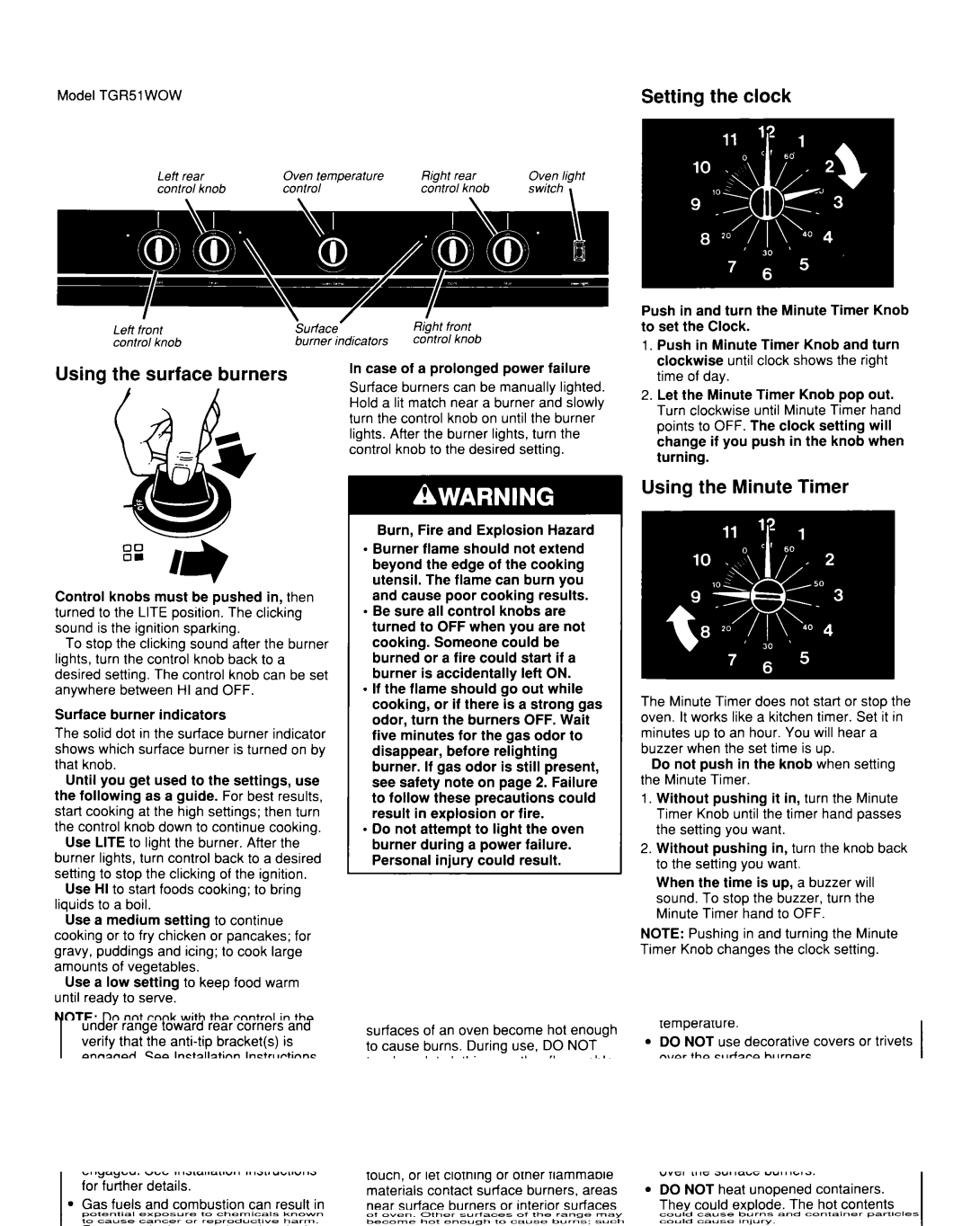 Whirlpool TGR51WOW Using Surface Burners, Setting the clock, Using the Minute Timer, Model TGR51 WOW 