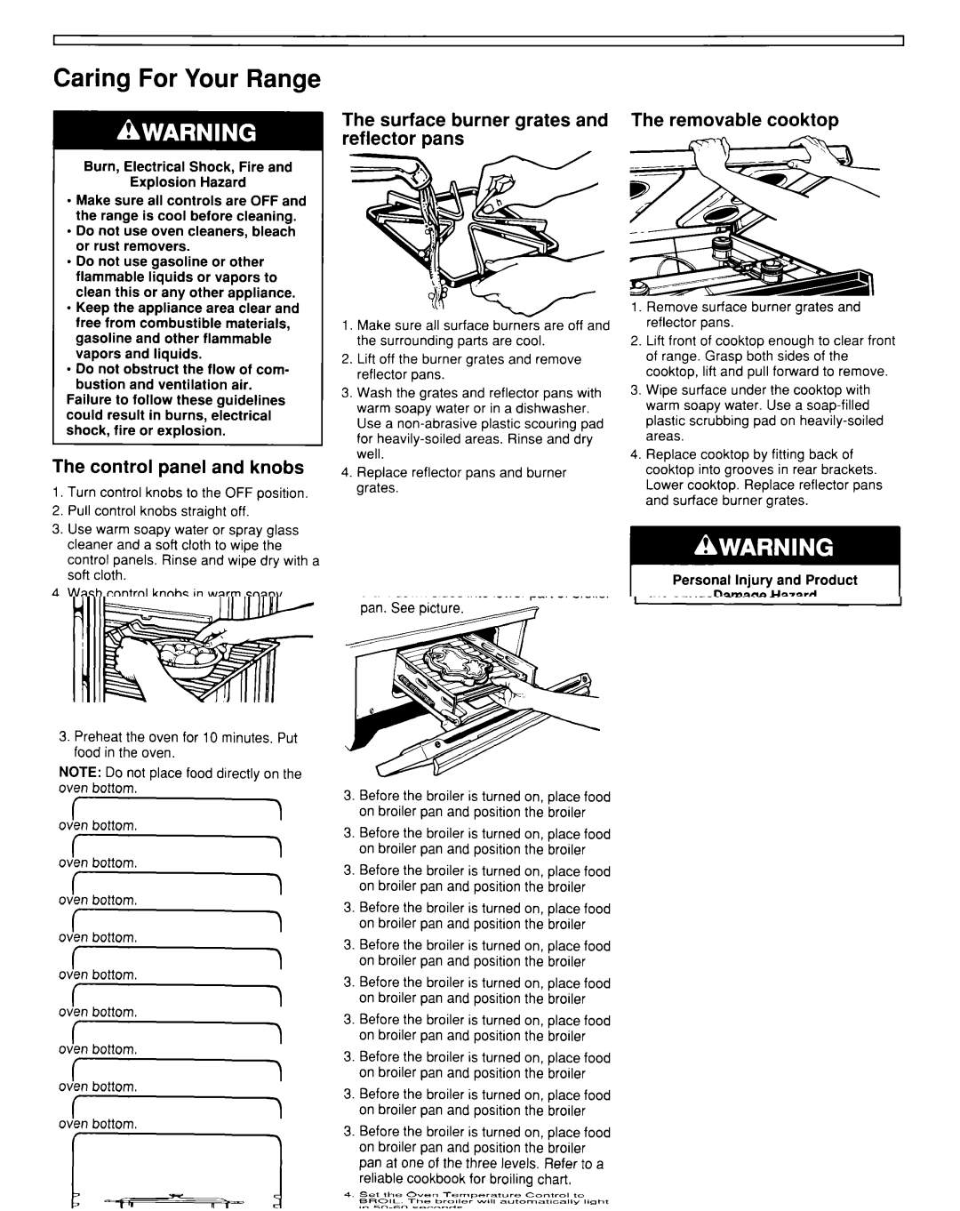 Whirlpool TGR51WOW Caring For Your Range, Control panel and knobs, Surface burner grates and reflector pans 