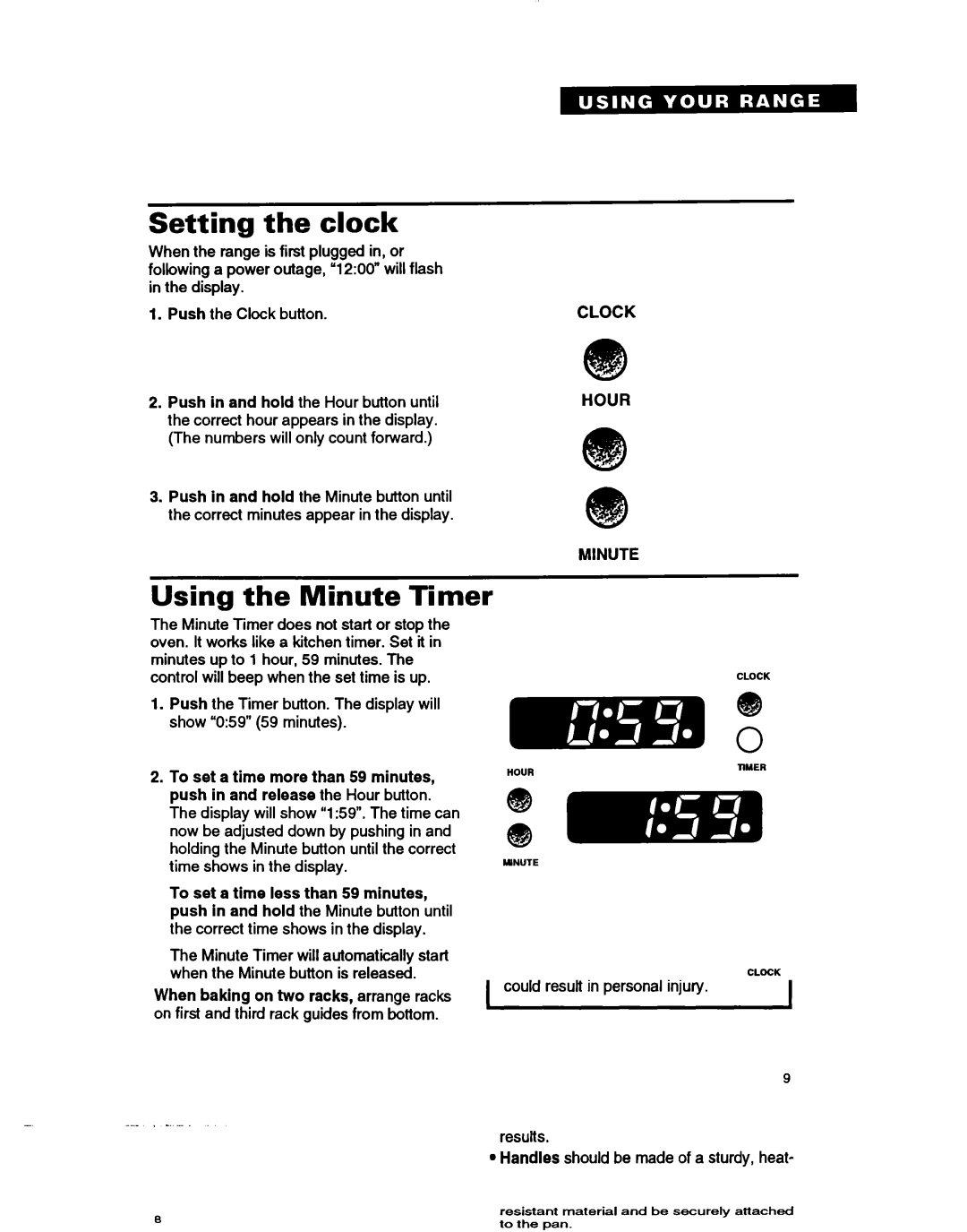 Whirlpool TGR61W2B manual Setting the clock, Using the Minute Timer, Clock Hour Minute 