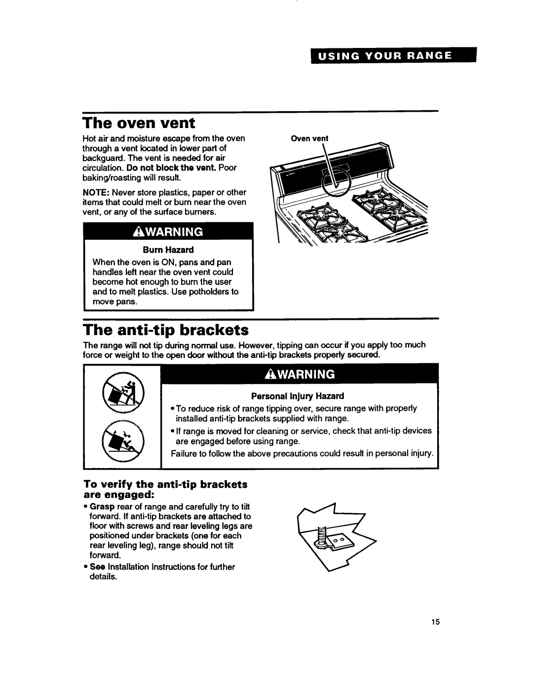 Whirlpool TGR61W2B manual Oven Vent, Anti-tip brackets, To verify the anti-tip brackets are engaged 