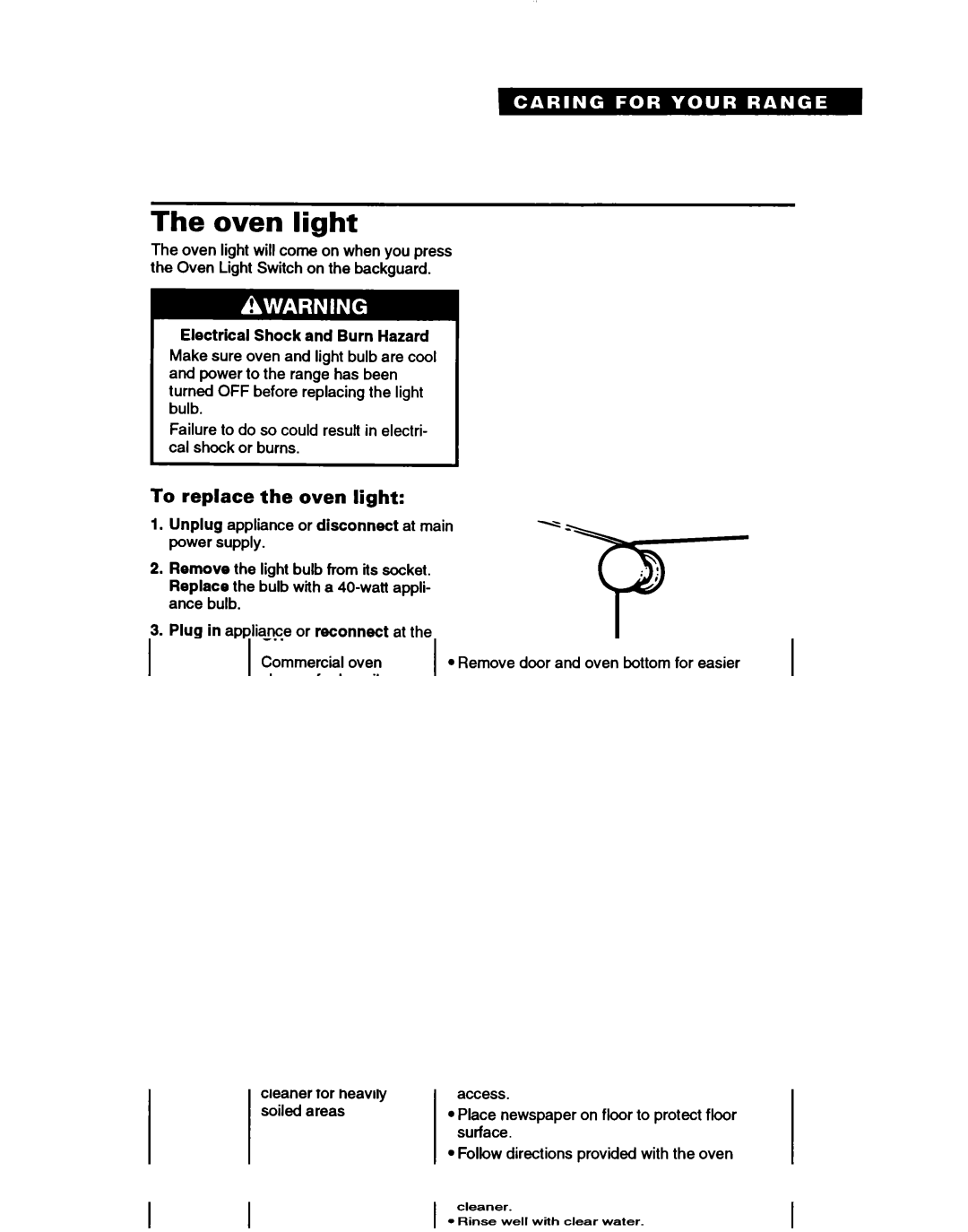 Whirlpool TGR61W2B manual Oven light, To replace the oven light 