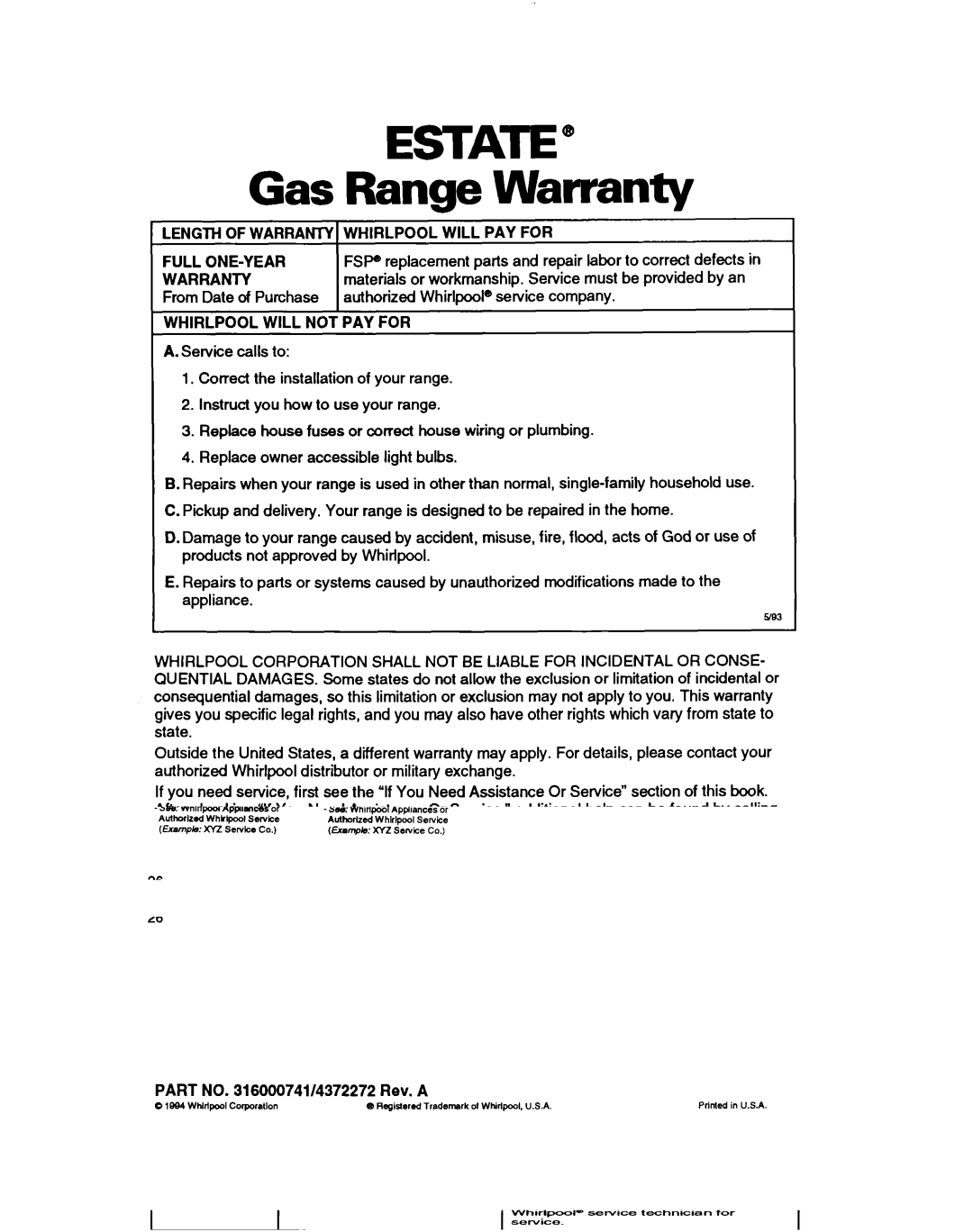 Whirlpool TGR61W2B manual Gas Range Warranty, Whirlpool will PAY for Full ONE-YEAR, Whirlpool will not PAY for 