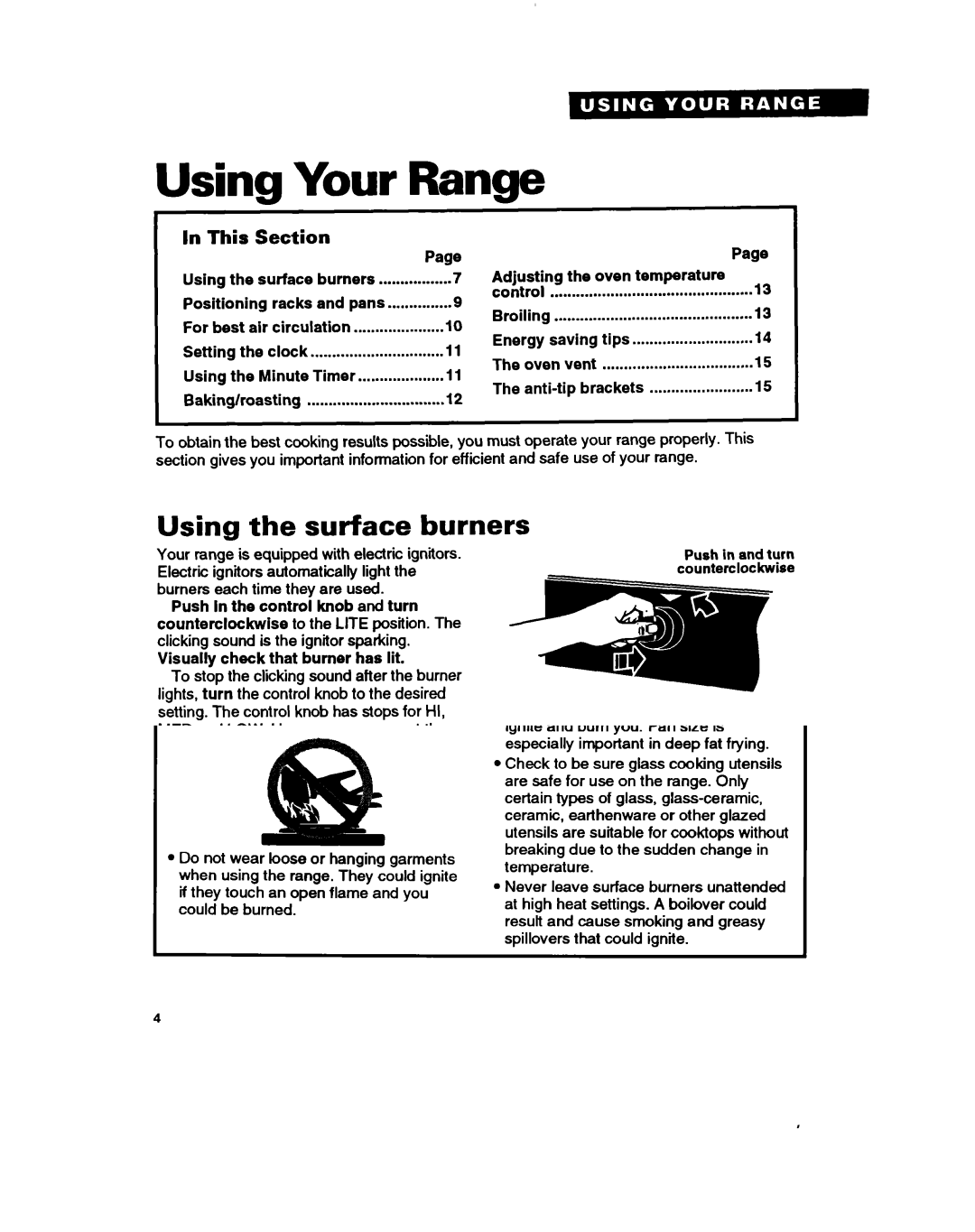 Whirlpool TGR61W2B manual Your Range, Using the surface burners, This, Surface burner markers, Burner heat settings 