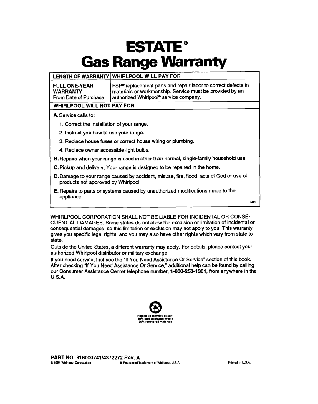 Whirlpool TGR61W2B manual ESTATE” Gas Range Warranty 