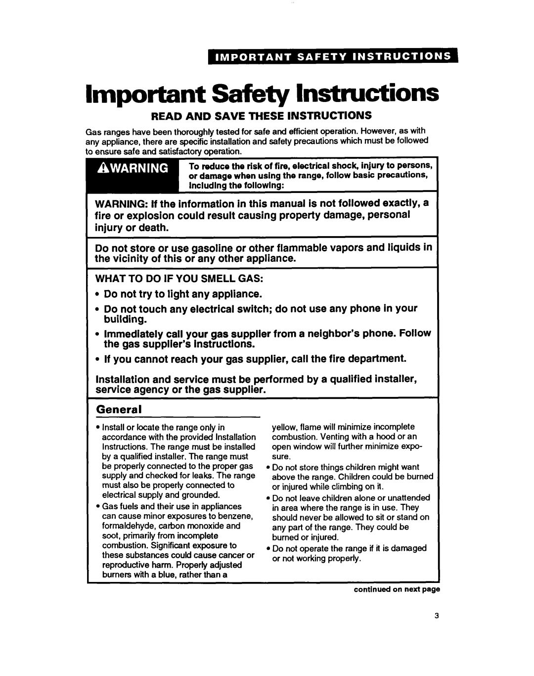 Whirlpool TGR61W2B manual Important safety Instructions, General 