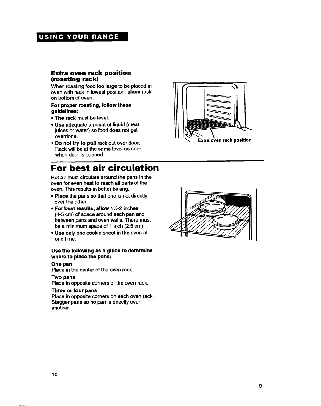 Whirlpool TGR88W2B manual For best air circulation, Extra oven rack position Roasting rack, Two pans, Three or four pans 