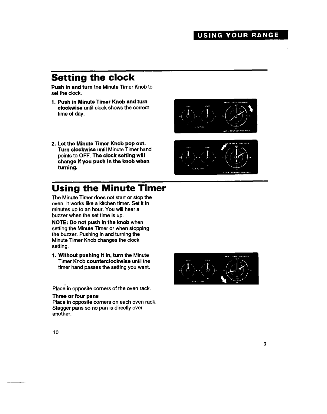 Whirlpool TGR88W2B manual Setting the clock, Using the Minute Timer 