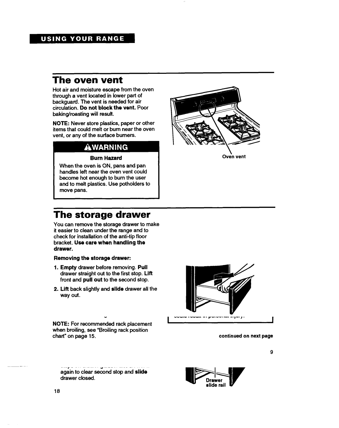 Whirlpool TGR88W2B manual Oven vent, Storage drawer 