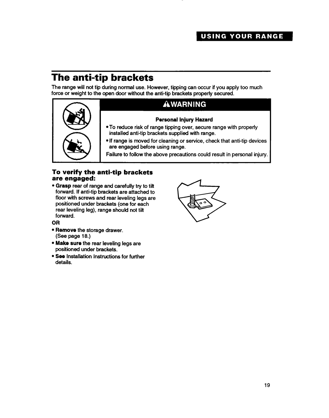 Whirlpool TGR88W2B manual Anti-tip brackets, To verify the anti-tip brackets are engaged 