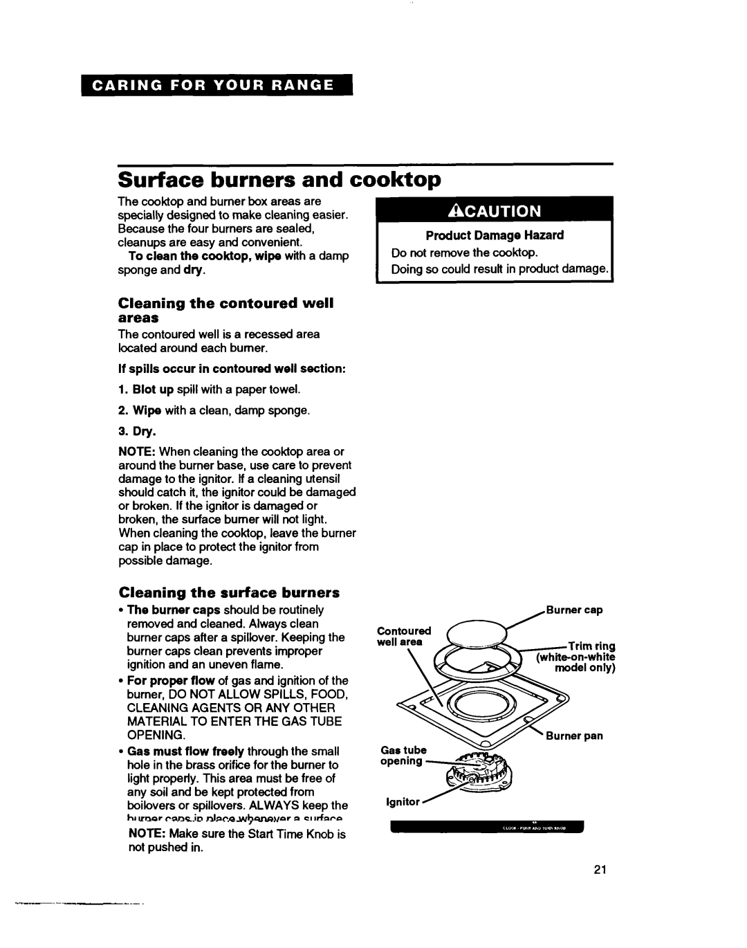 Whirlpool TGR88W2B manual Surface burners and cooktop, Cleaning the contoured well areas, Cleaning the surface burners, Dry 