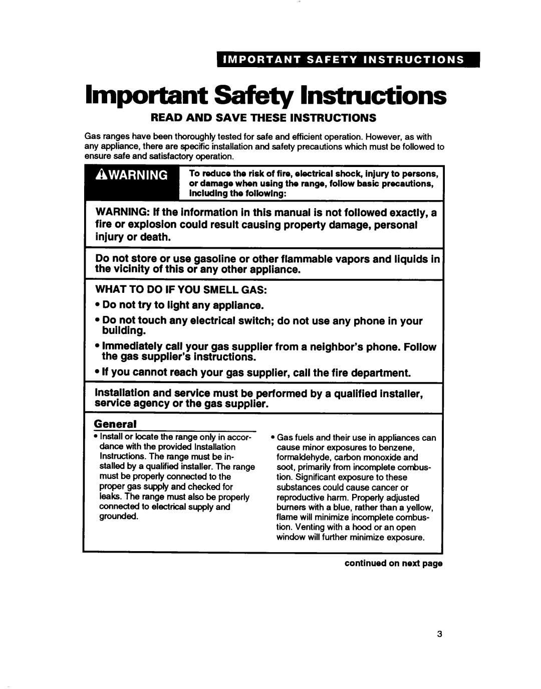 Whirlpool TGR88W2B manual Important safety Instructions, General, On next 