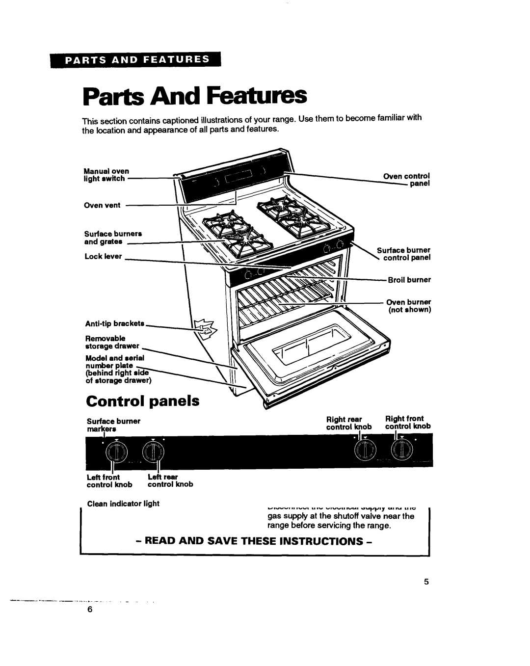 Whirlpool TGR88W2B manual Parts And Features, Control panels 