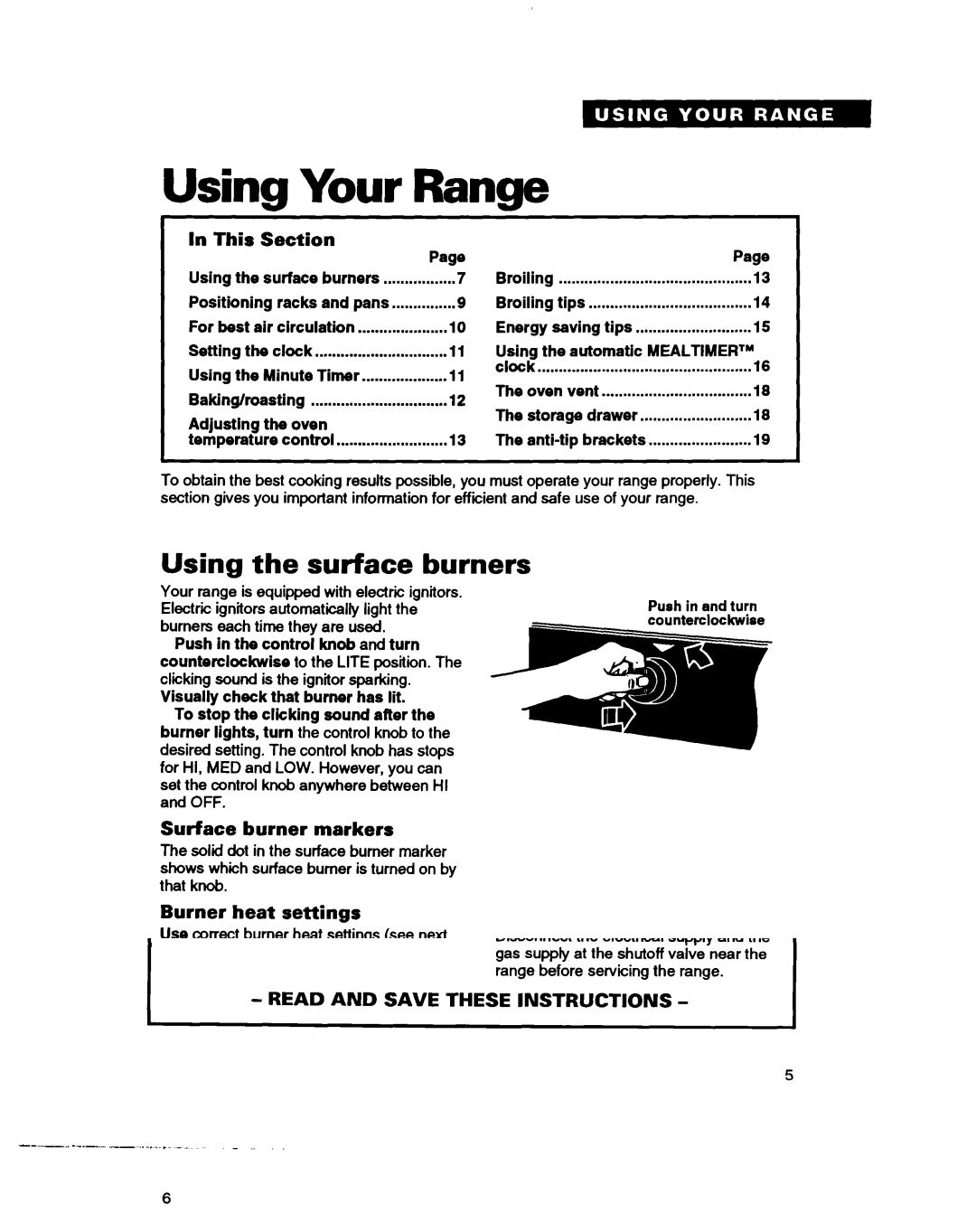 Whirlpool TGR88W2B manual Your Range, Using the surface burners, This, Surface burner markers, Burner heat settings 