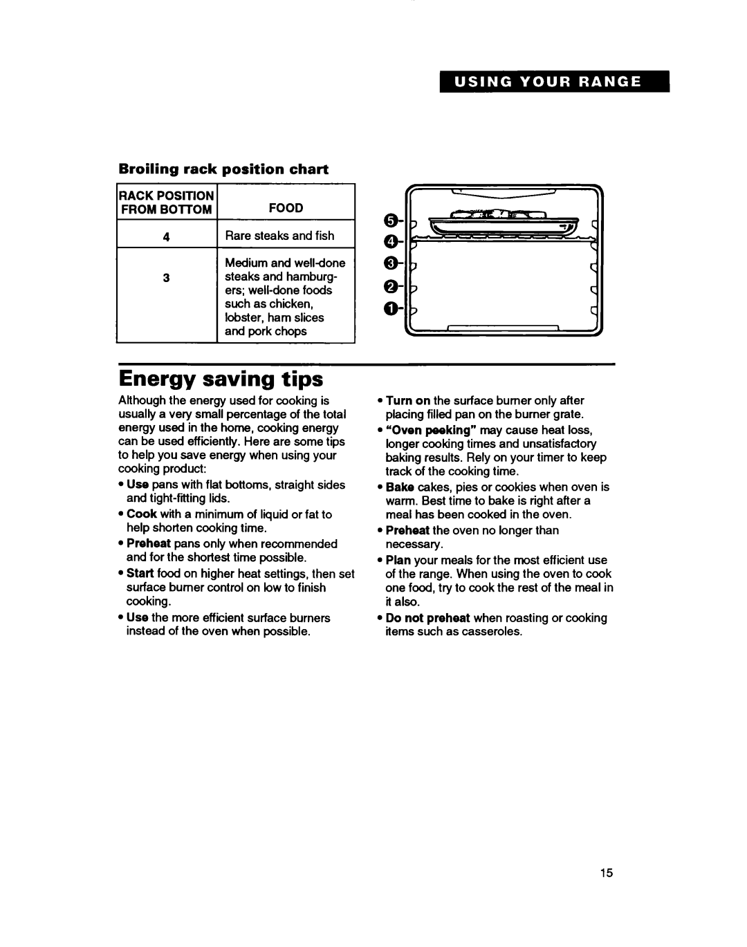 Whirlpool TGR88W2B manual Energy saving tips, Broiling rack position chart 