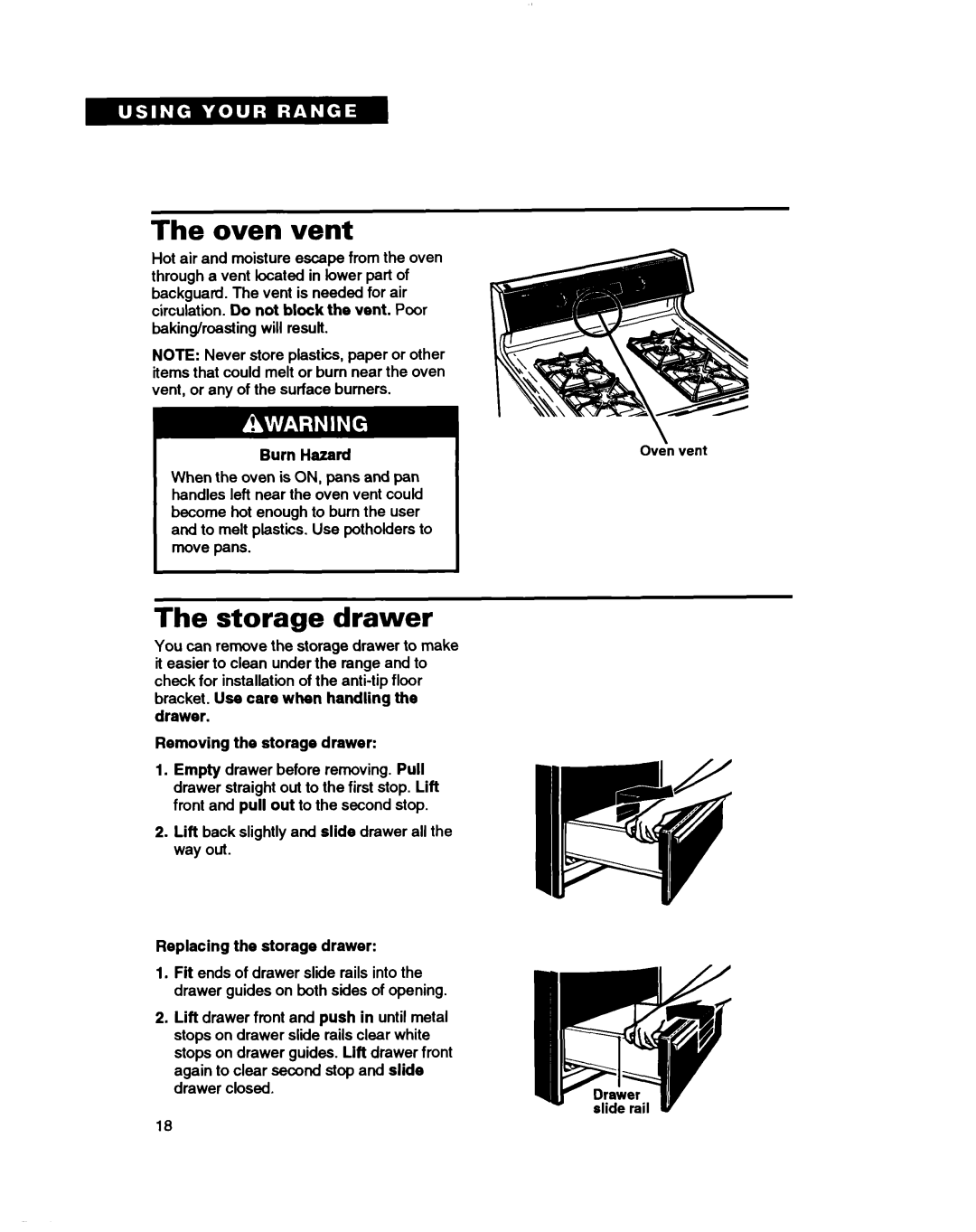 Whirlpool TGR88W2B manual The oven vent, The storage drawer, Burn Hazard, drawer Removing the storage drawer, Lift 
