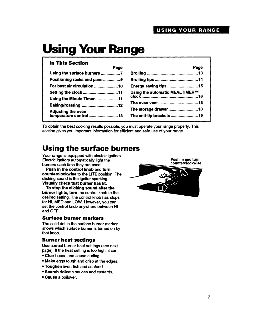 Whirlpool TGR88W2B manual Your, Range, Using the surface burners, In This, Surface burner markers, Burner heat settings 