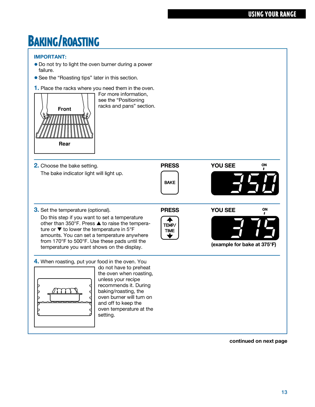 Whirlpool TGS325E manual Baking/Roasting, Example for bake at 375F 