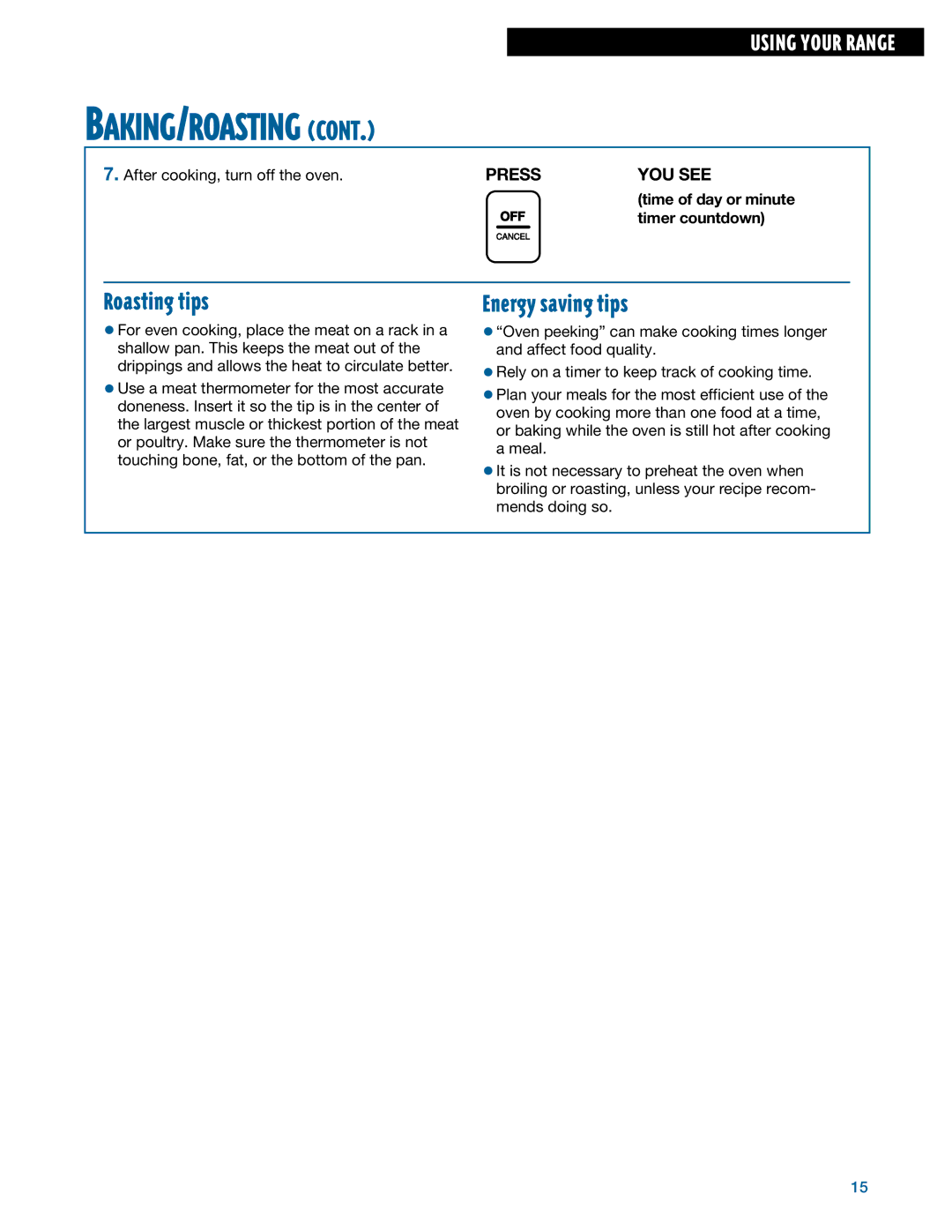 Whirlpool TGS325E manual Baking/Roasting, Roasting tips 