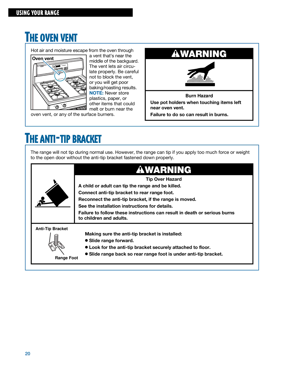 Whirlpool TGS325E manual ANTI-TIP Bracket, Oven Vent 