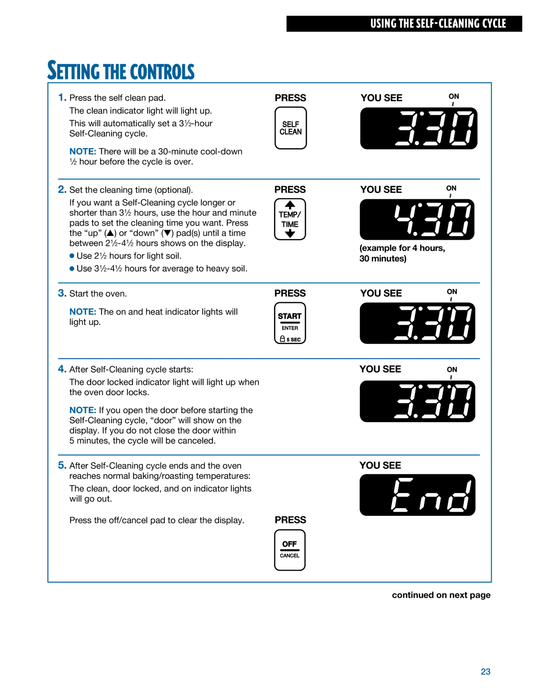 Whirlpool TGS325E manual Setting the Controls, Example for 4 hours, 30 minutes 