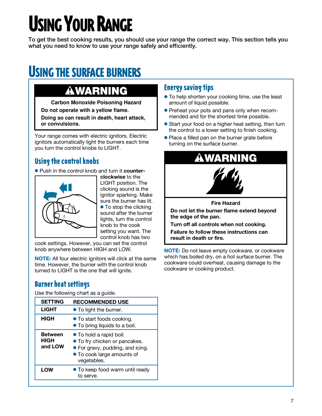 Whirlpool TGS325E manual Using Your Range, Using the Surface Burners, Energy saving tips, Using the control knobs 