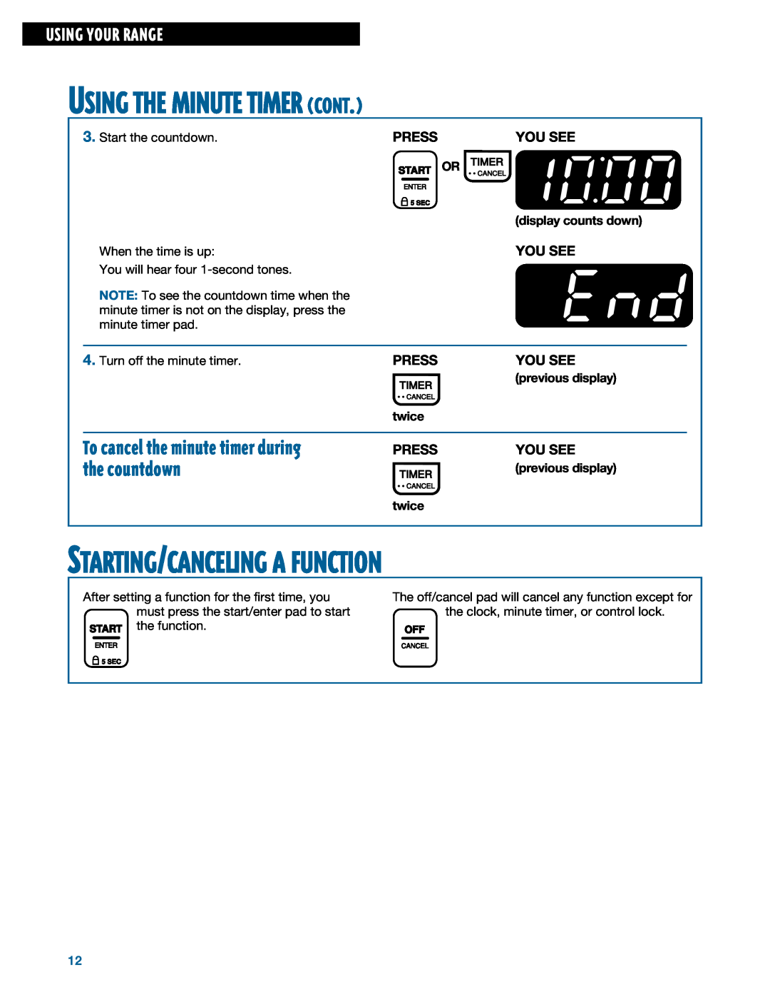 Whirlpool TGS325E manual Using The Minute Timer Cont, Starting/Canceling A Function, Using Your Range, You See, Press 