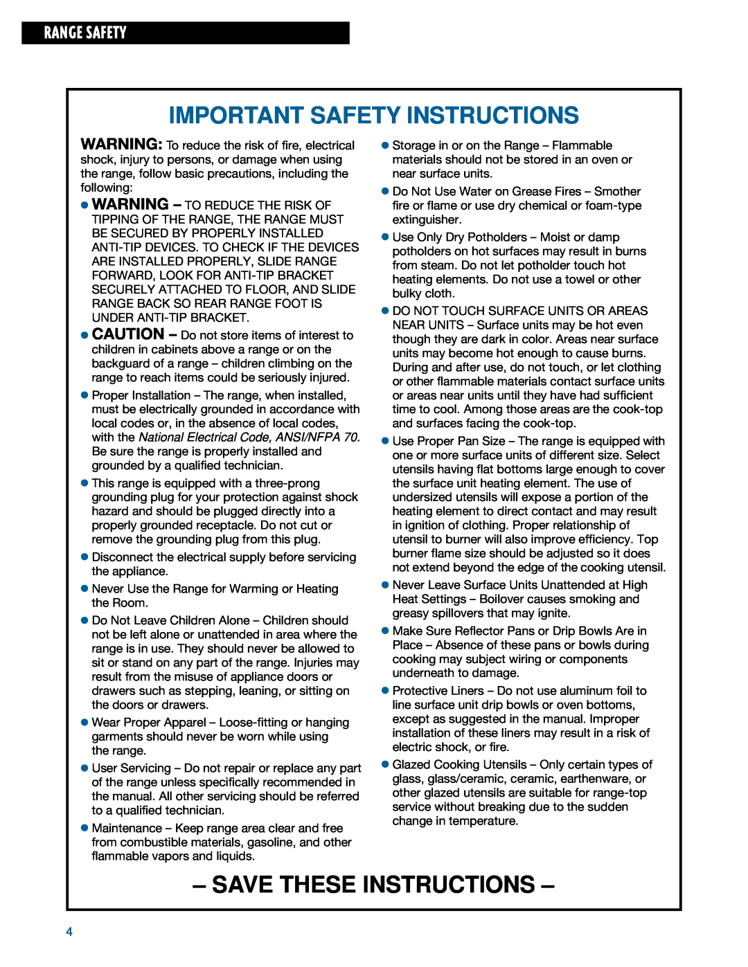 Whirlpool TGS325E manual Important Safety Instructions, Save These Instructions, Range Safety 
