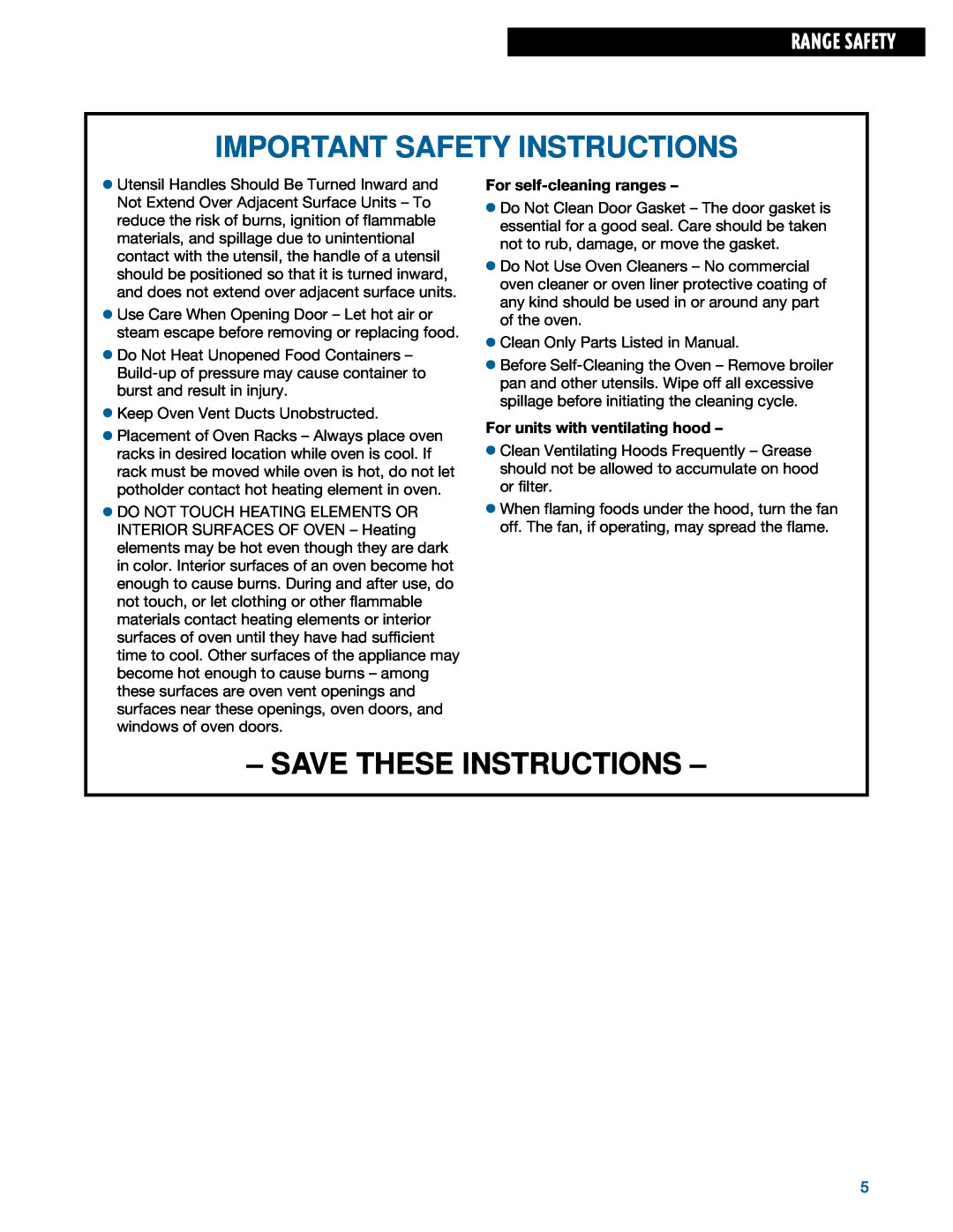 Whirlpool TGS325E manual Important Safety Instructions, Save These Instructions, Range Safety, For self-cleaningranges 