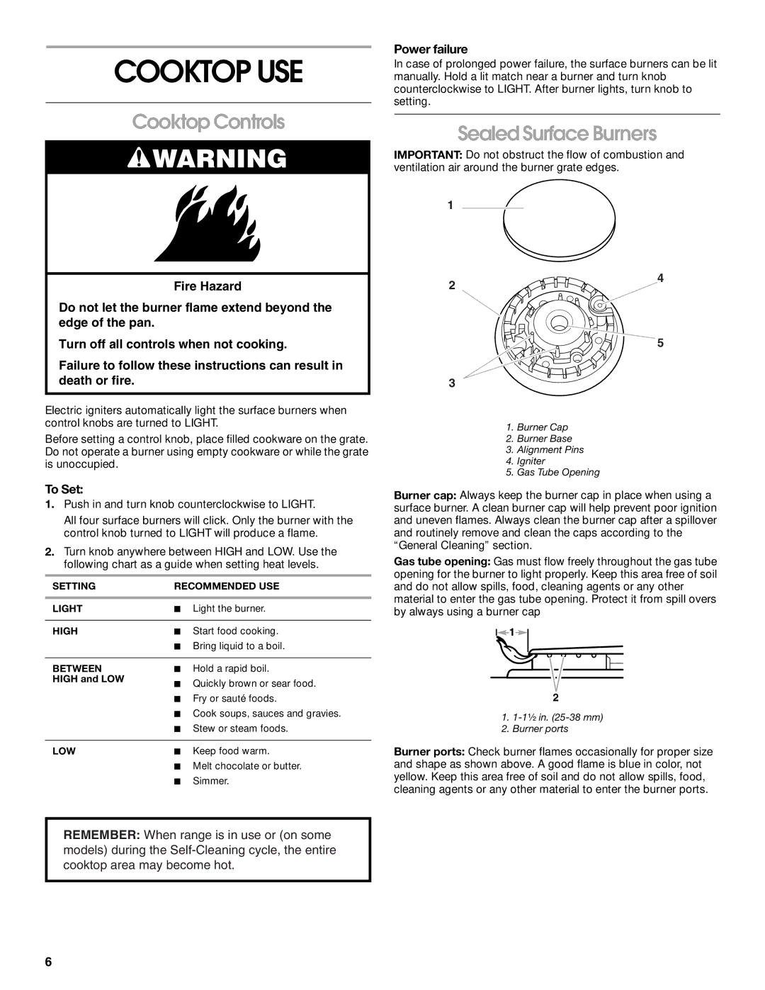 Whirlpool TGS325KQ2 manual Cooktop USE, Cooktop Controls, Sealed Surface Burners, Power failure, To Set 