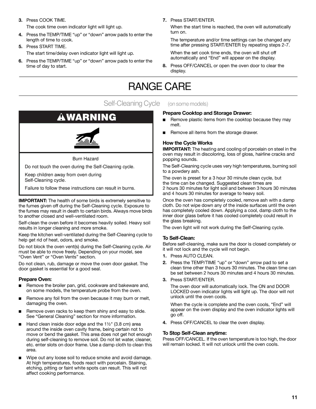 Whirlpool TGS325MQ3 manual Range Care, Self-Cleaning Cycle on some models 