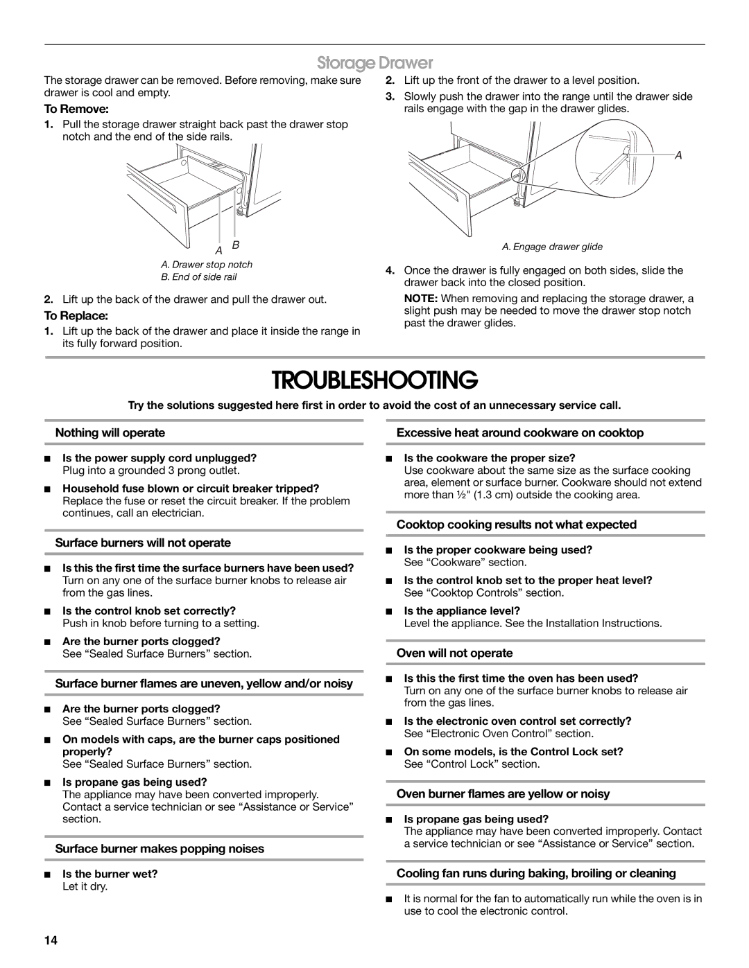 Whirlpool TGS325MQ3 manual Troubleshooting, Storage Drawer 