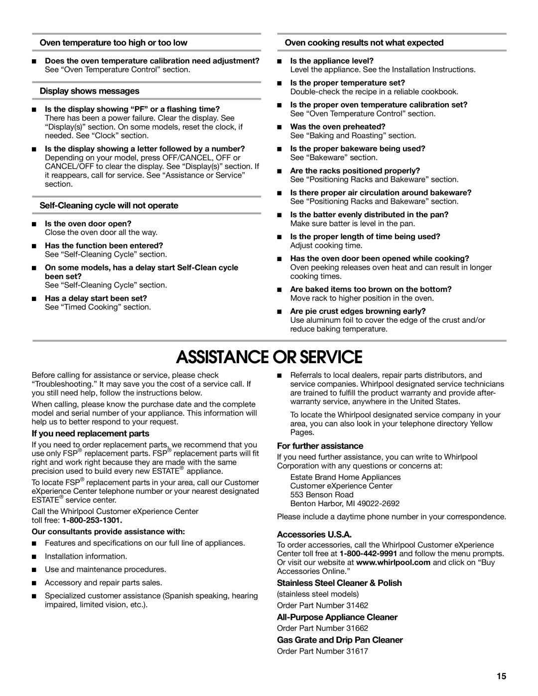 Whirlpool TGS325MQ3 manual Assistance or Service 