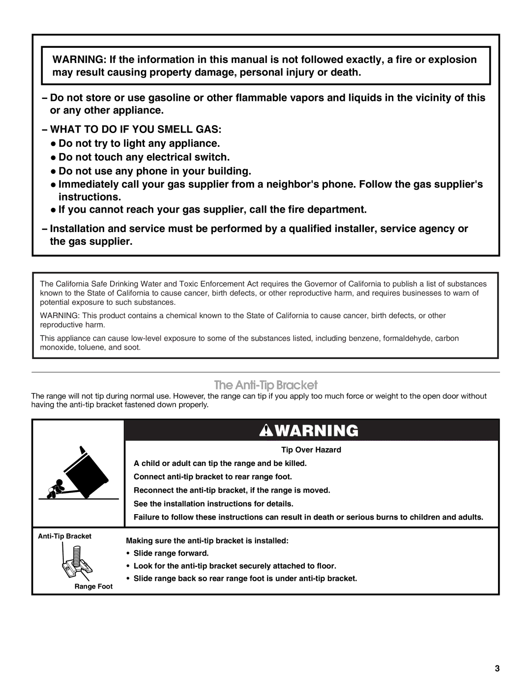 Whirlpool TGS325MQ3 manual Anti-Tip Bracket, What to do if YOU Smell GAS 