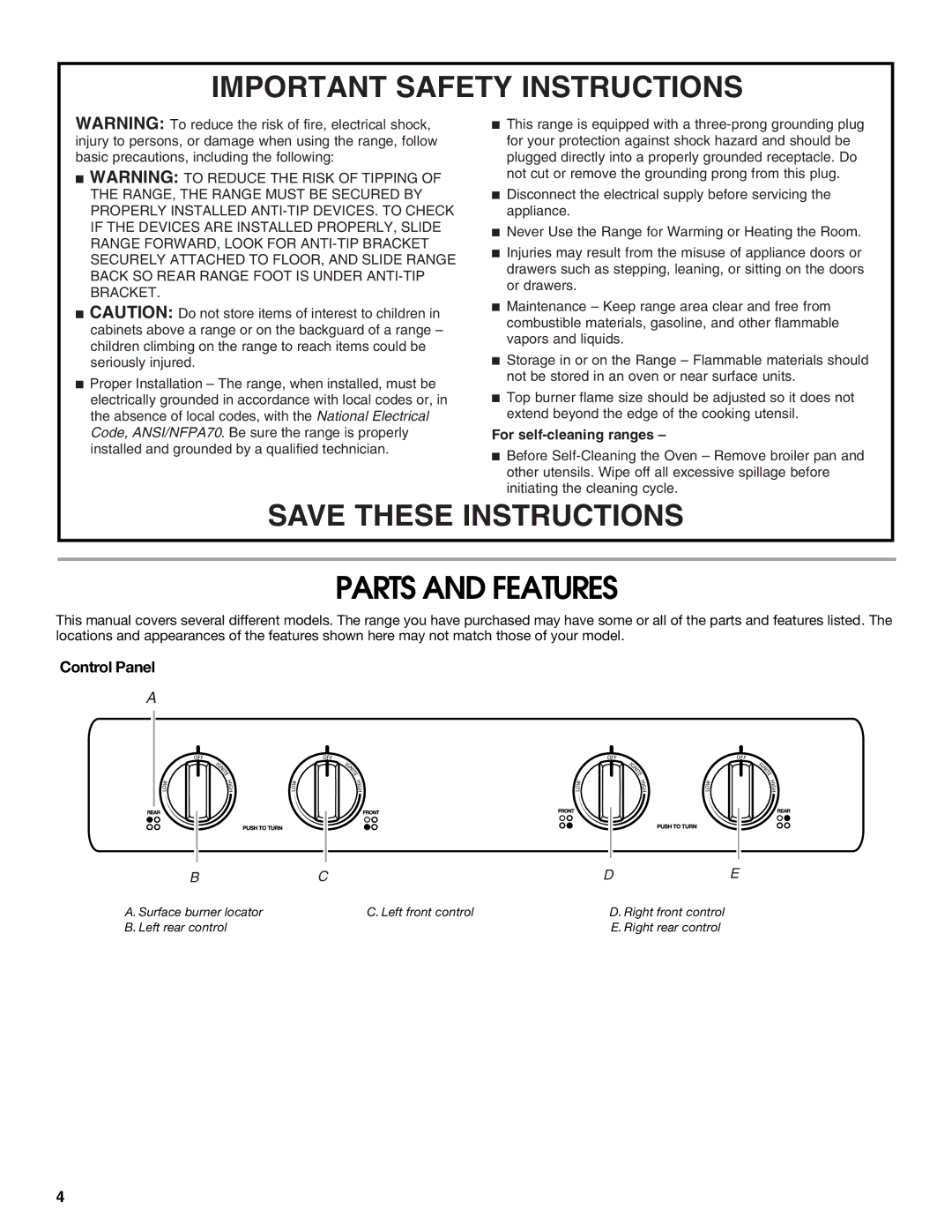 Whirlpool TGS325MQ3 manual Parts and Features, Control Panel 