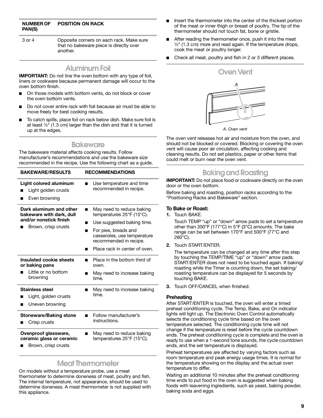 Whirlpool TGS325MQ3 manual Aluminum Foil, Bakeware, Meat Thermometer, Oven Vent, Baking and Roasting 