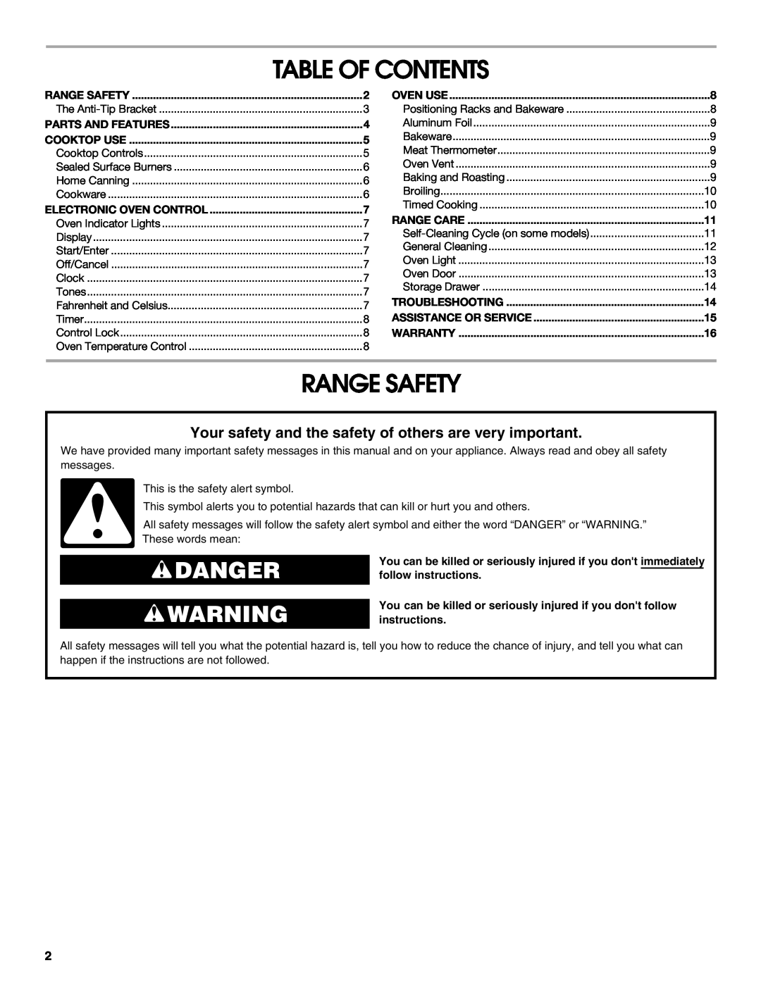Whirlpool TGS325MQ3 manual Table Of Contents, Range Safety, Danger 