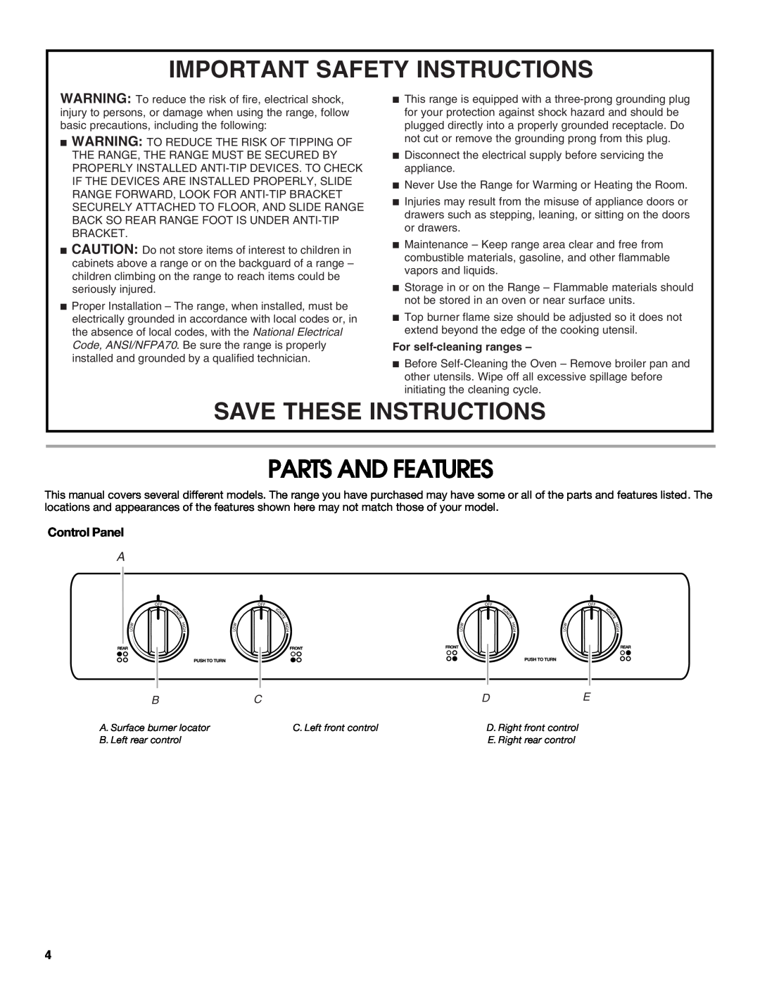 Whirlpool TGS325MQ3 manual Parts And Features, Important Safety Instructions, Save These Instructions, Control Panel 