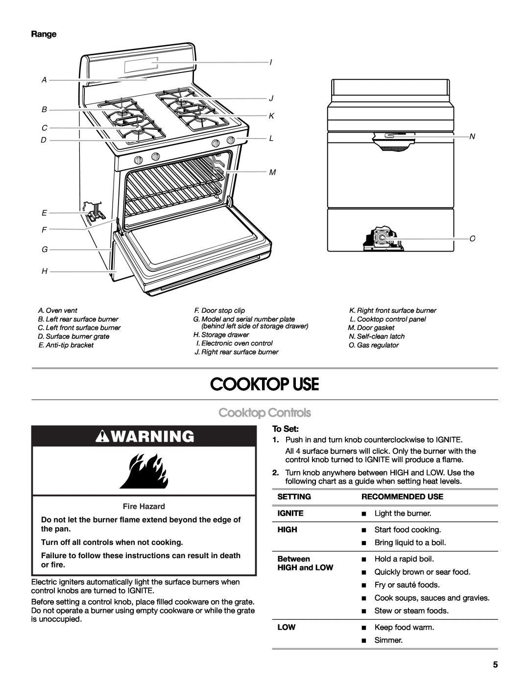 Whirlpool TGS325MQ3 Cooktop Use, Cooktop Controls, Range, To Set, Fire Hazard, Turn off all controls when not cooking 
