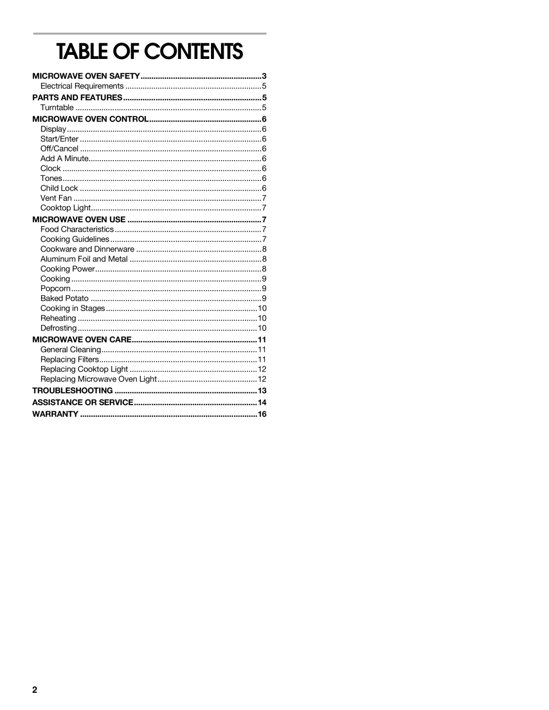 Whirlpool TMH14XL manual Table of Contents 