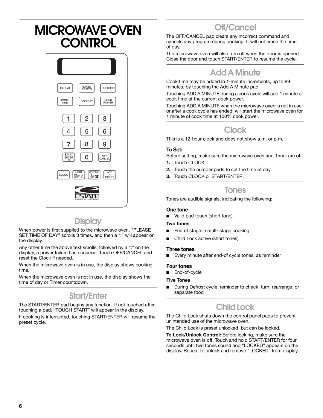 Whirlpool TMH14XL manual Microwave Oven Control 