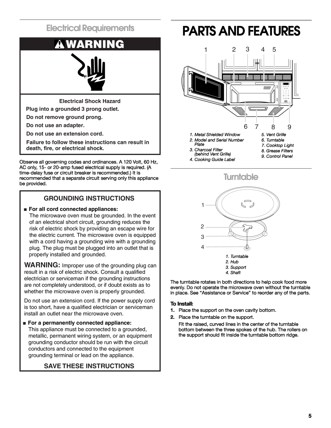 Whirlpool TMH14XL Parts And Features, Electrical Requirements, Turntable, Grounding Instructions, Save These Instructions 