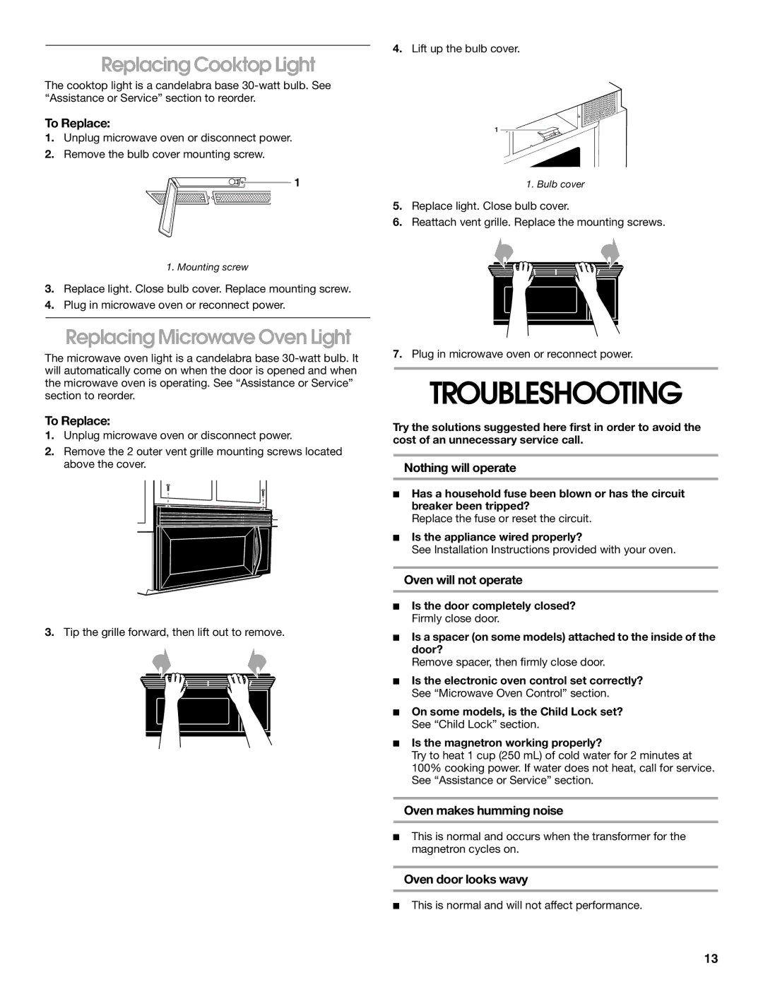 Whirlpool TMH14XM manual Troubleshooting, Replacing Cooktop Light, Replacing Microwave Oven Light 