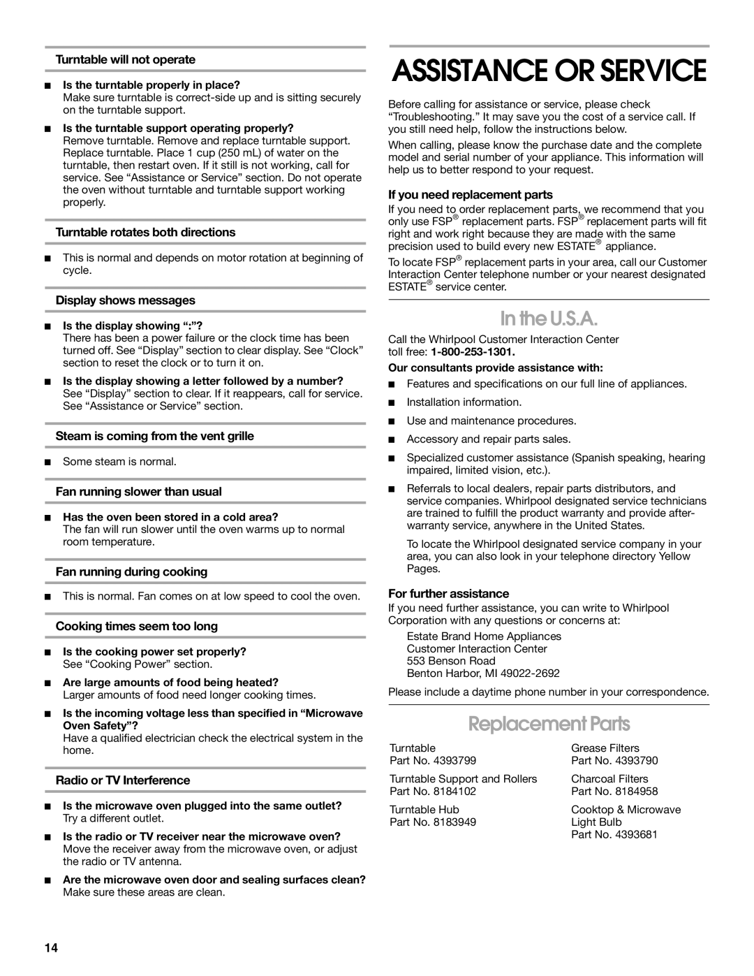 Whirlpool TMH14XM manual U.S.A, Replacement Parts 