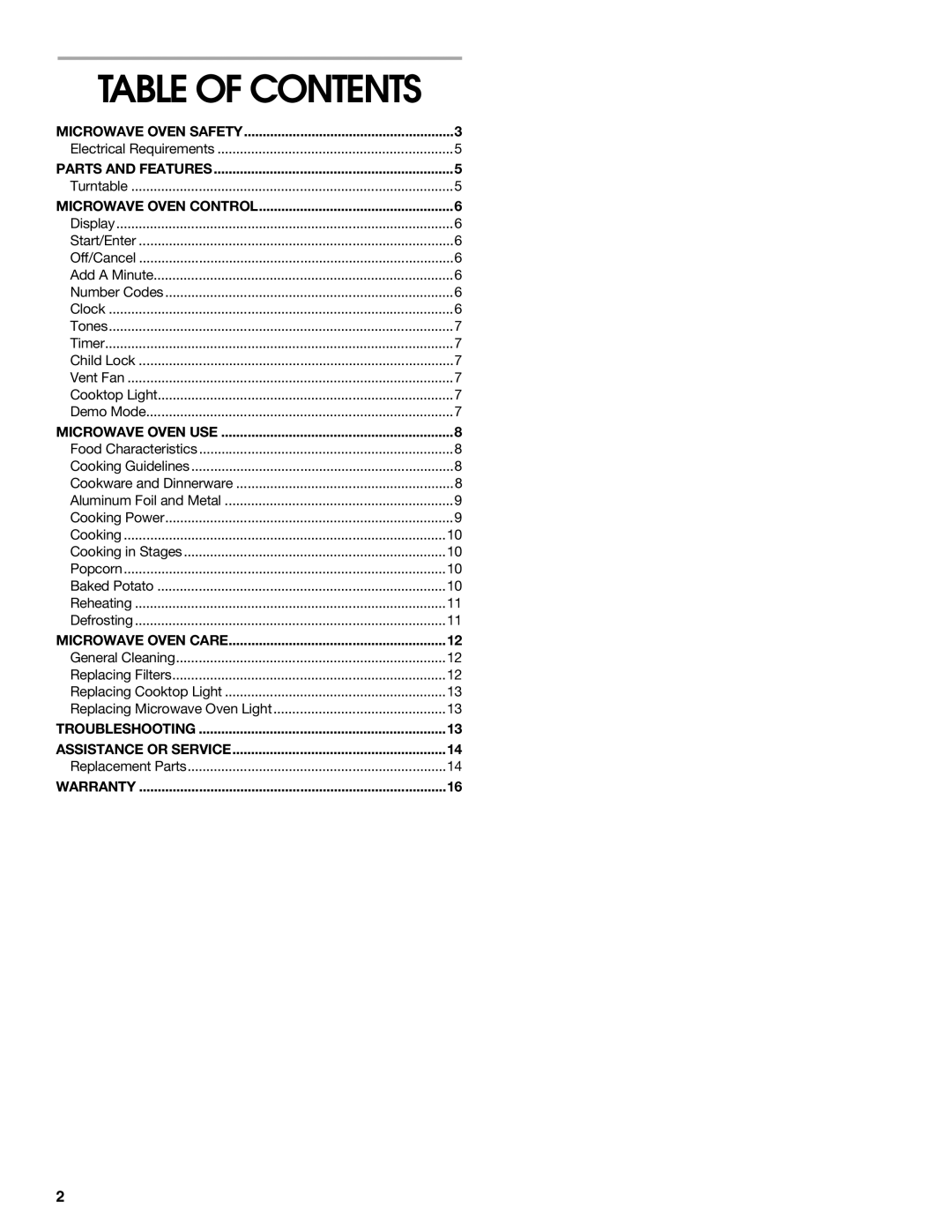 Whirlpool TMH14XM manual Table of Contents 