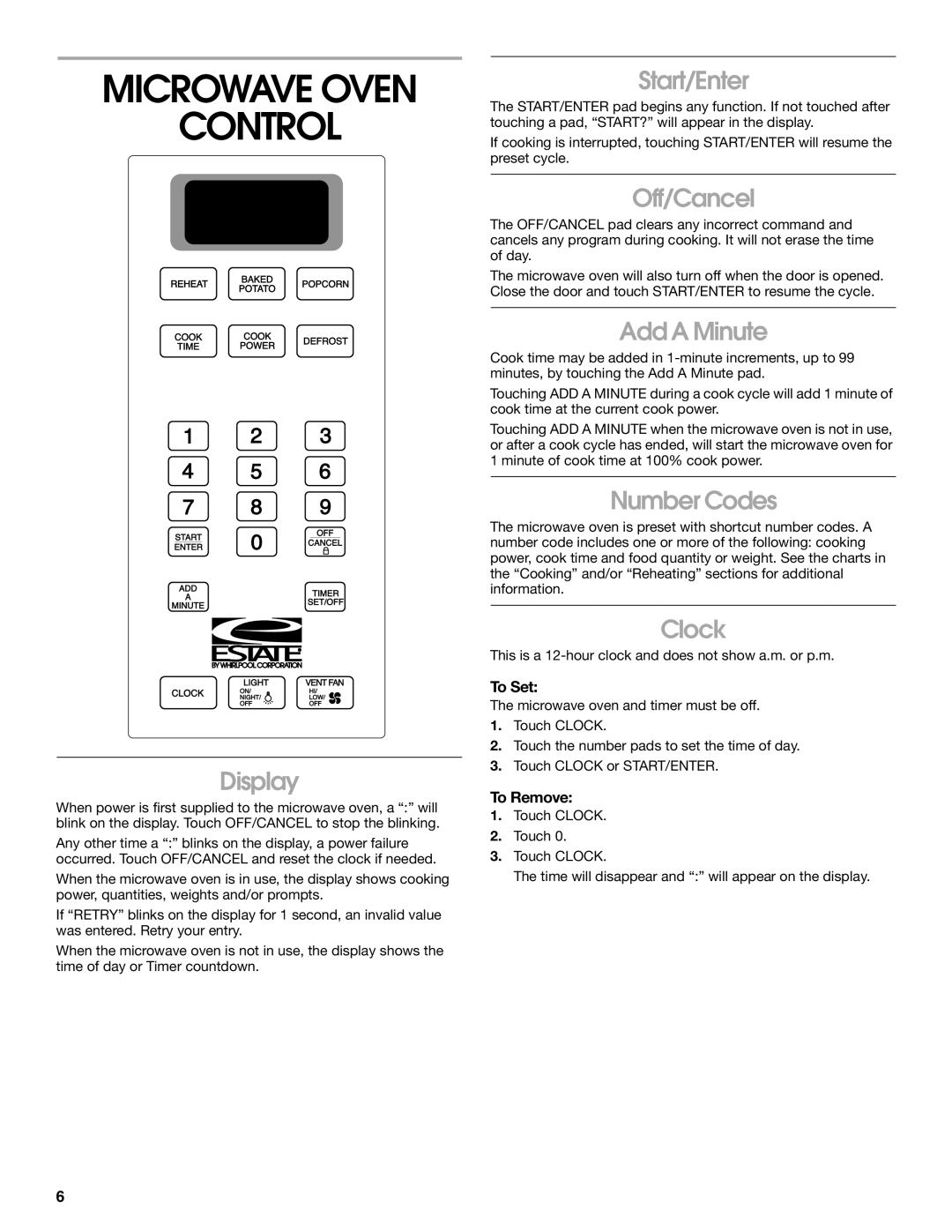 Whirlpool TMH14XM manual Microwave Oven Control 